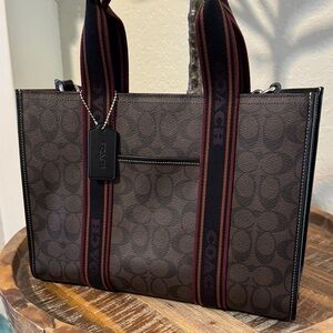 Coach Brown Signature tote purse with Black and Red Straps